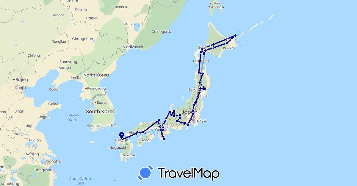 TravelMap itinerary: driving, plane in Japan (Asia)